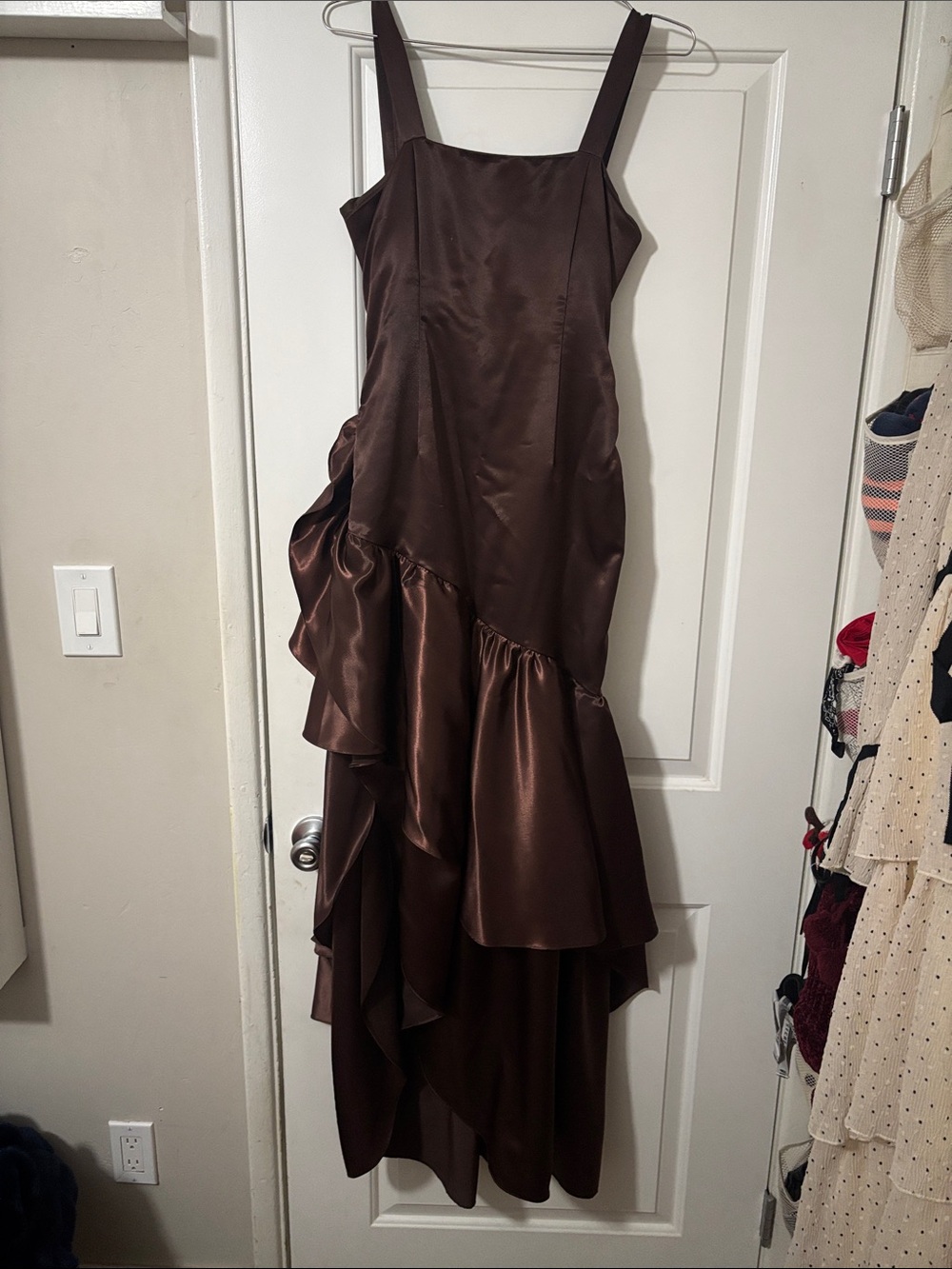 Handmade Satin Drop Waist Ruffle Strap Evening Dress - Brown
